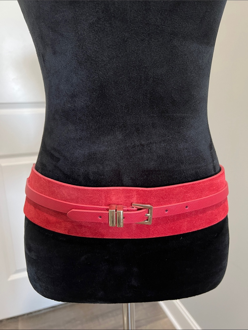 White House Black Market Red Suede Wide Waist Belt with Gold Buckle